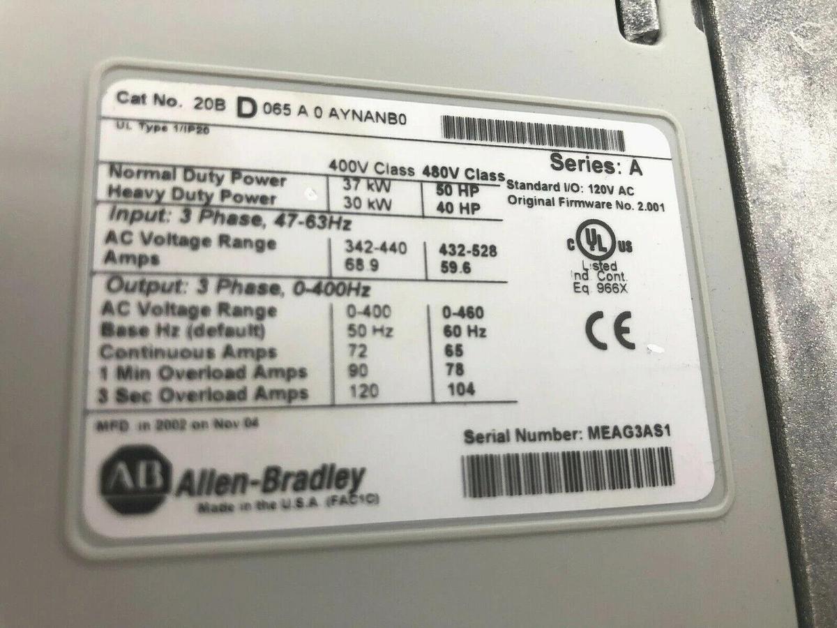 Used ALLEN BRADLEY POWERFLEX 700 20BD065A3AYNANB0 / 20BD065A0AYNANB0 50HP STOCK 1024