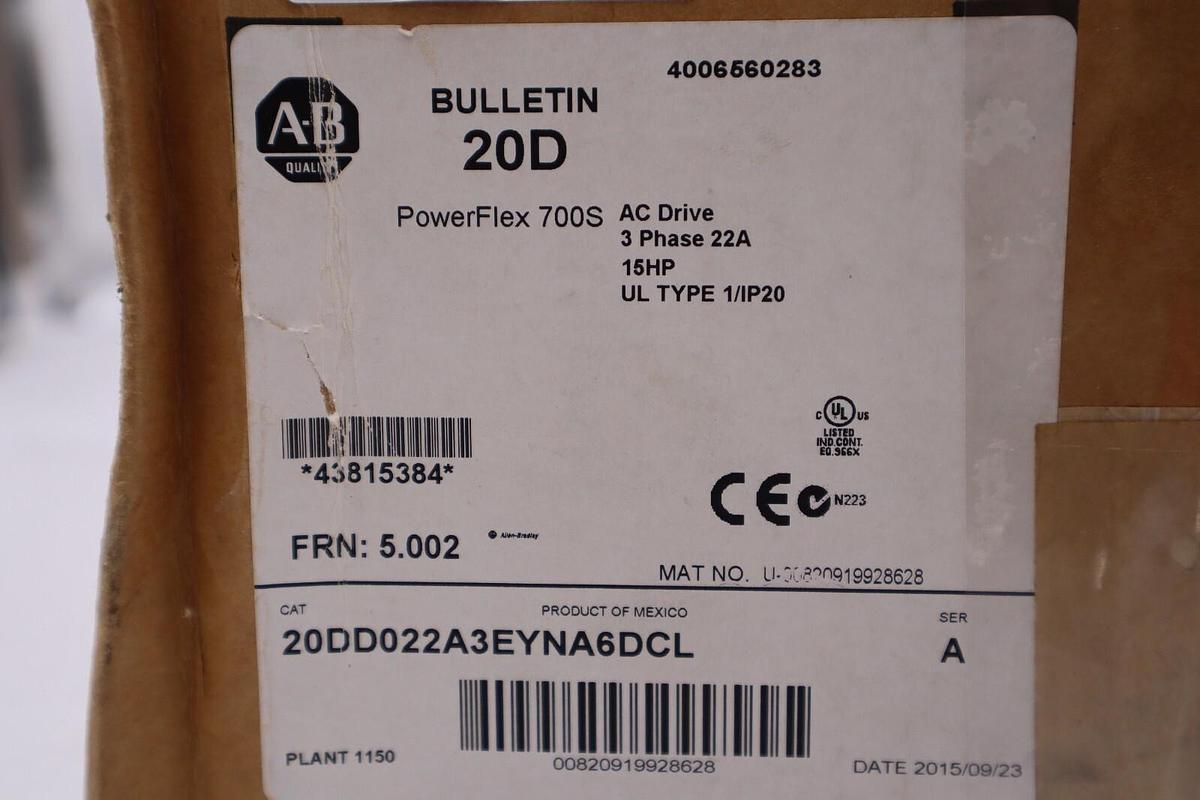 NEW ALLEN BRADLEY POWERFLEX 700S VFD 20DD022A3EYNA6DCL 15HP STOCK 2921