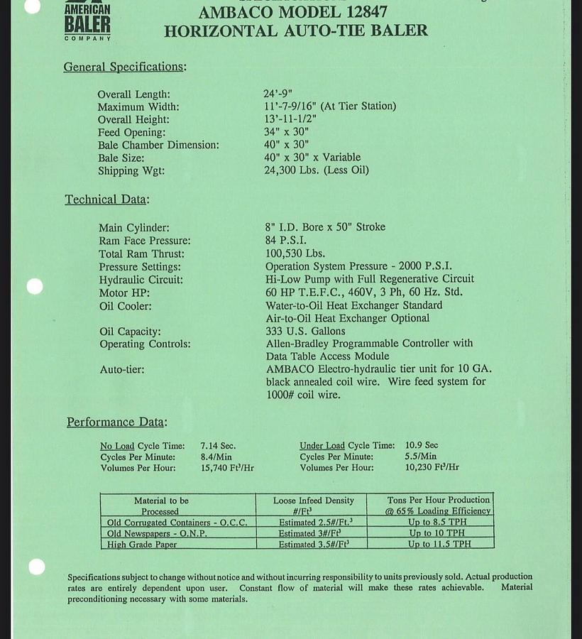 Used AMERICAN MODEL 12847 HORIZONTAL AUTO-TIE BALER WITH ALLEN BRADLEY CONTROLS 60 HP