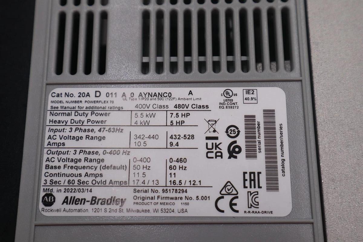 NEW Allen-Bradley PowerFlex 70 20AD011A0AYNANC0 No HIM AC Drive STOCK 2497