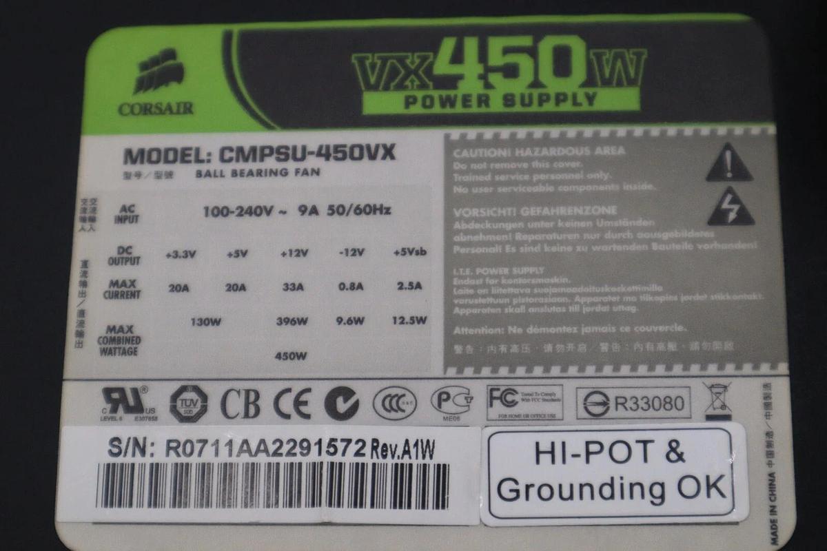 Used CORSAIR CMPSU-450VX 450 W ATX12V V2.2 80 PLUS  Active PFC Compat STOCK H166