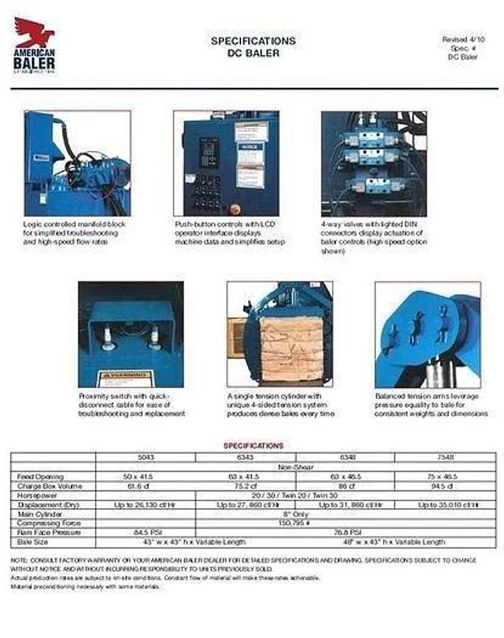Used AMERICAN AUTO TIE BALER DC6348-8T30 WITH CONVEYOR DUAL 30HP MOTORS 8" CYLINDER
