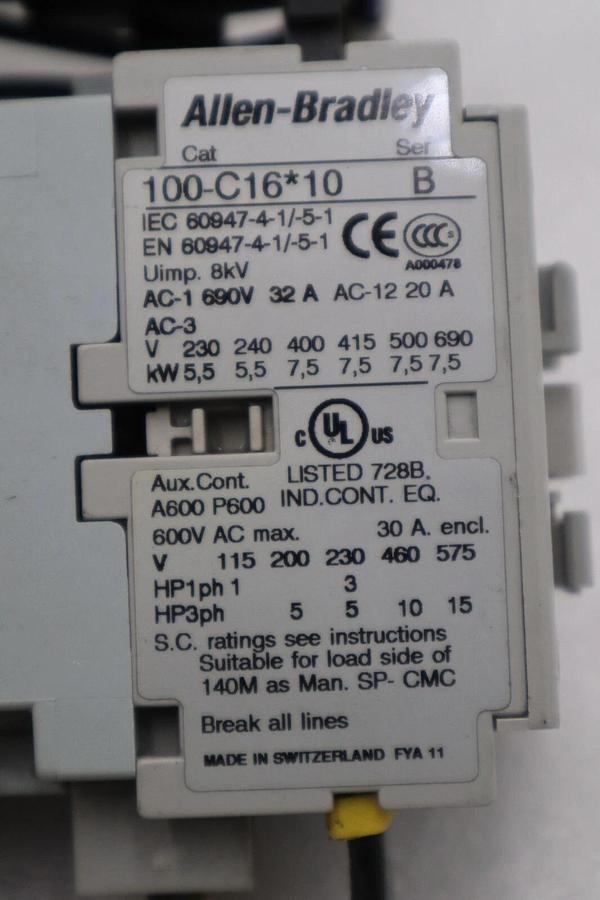Used ALLEN BRADLEY 140M-D8E-C16 CIRCUIT BREAKER WITH 100-C16*10 CONTACTOR STOCK 717-A