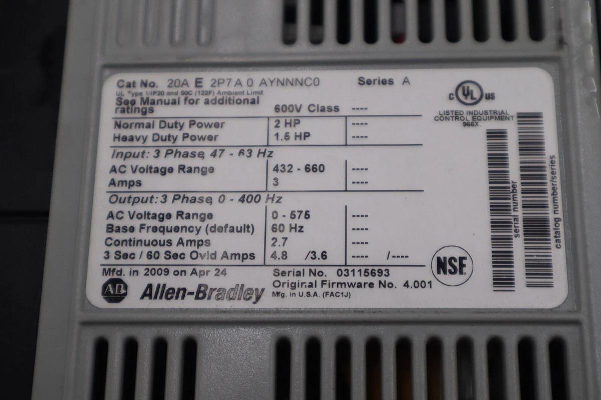 Used Allen Bradley 20AE2P7A0AYNNNC0 Powerflex 70 2 Hp AC Drive VFD STOCK 1812B