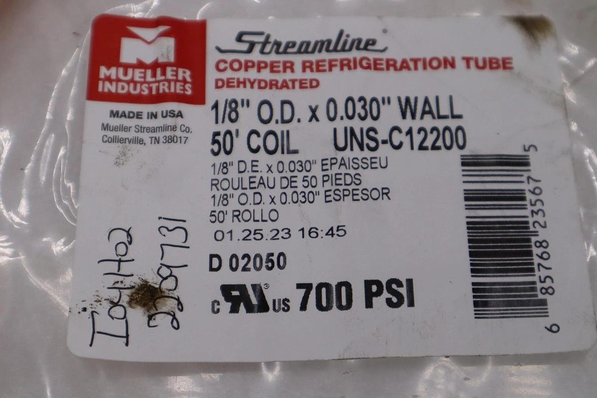 Streamline 1/8" O.D. x 0.030" WALL 50' COPPER COIL UNS-C12200 STK H326