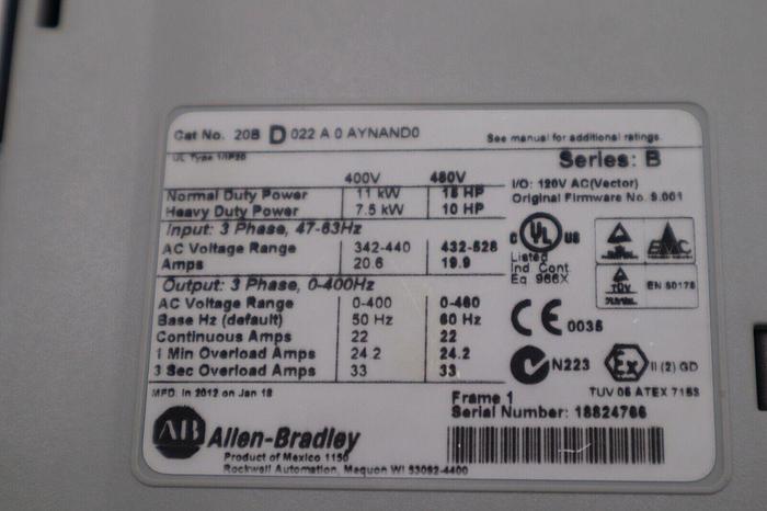Used Allen-Bradley 20BD022A0AYNAND0 15HP PowerFlex 700 AC Drive 480V STOCK 5545