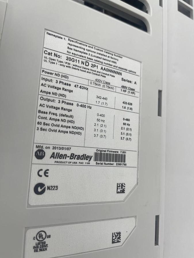 NEW ALLEN BRADLEY PowerFlex 755 20G11ND2P1AA0NNNNN 1 HP VFD DRIVE STOCK 3697