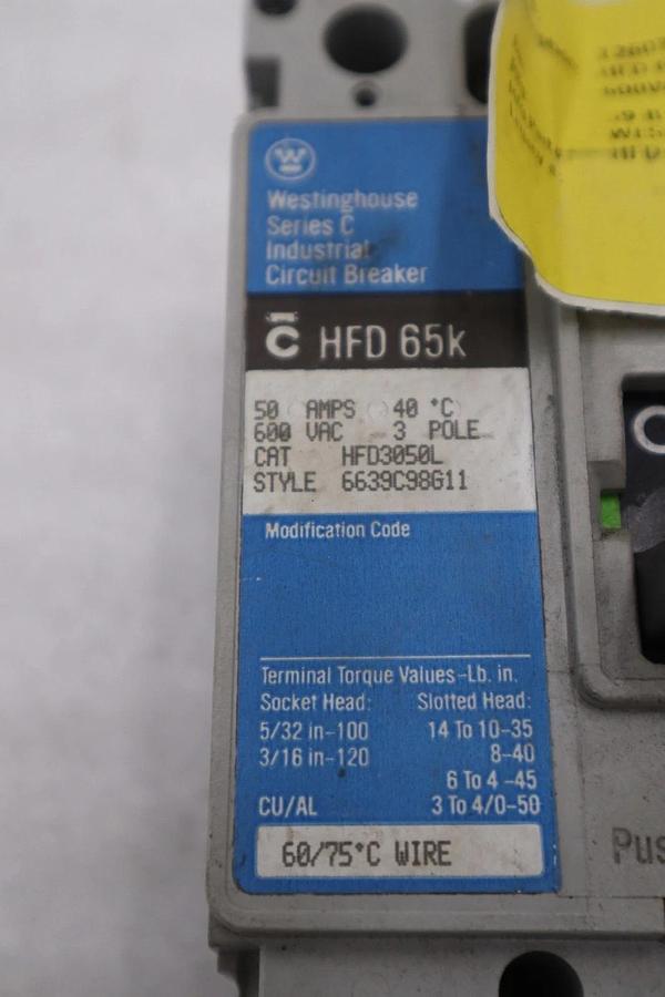 Used Cutler Hammer Westinghouse HFD3050L Breaker 50 Amp 600 Vac STK CC224