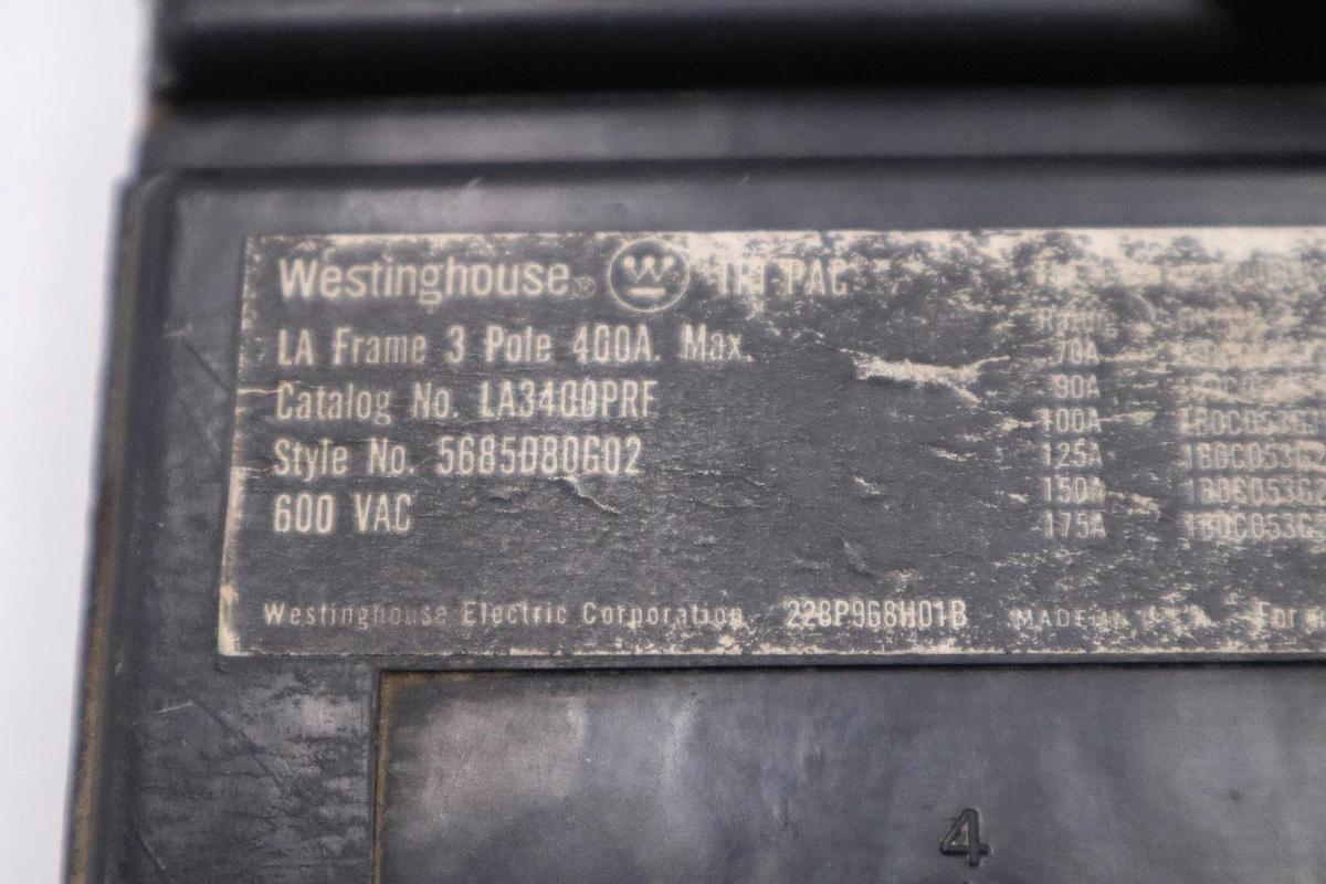 Used WESTINGHOUSE 400A 3 POLE 600V CIRCUIT BREAKER - LA3400PRF STOCK H1479