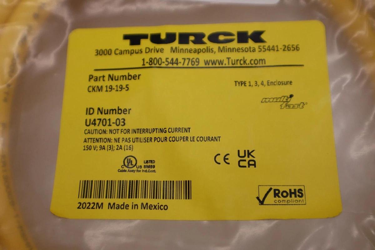 Used NEW TURCK CKM 19-19-5 CORDSET CABLE (U4701-03) CKM19195 STOCK H1005