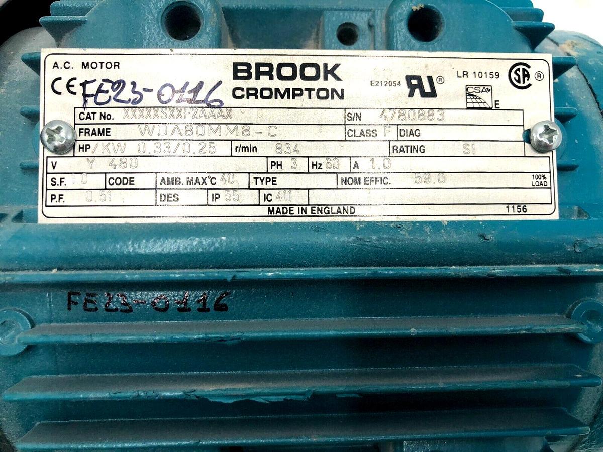 Used BROOK CROMPTON XXXXXSXXF2AAAX AC MOTOR 3PH 834RPM 480V STOCK S-113