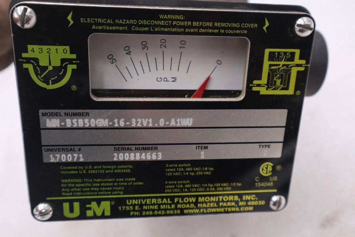 UNIVERSAL FLOW MONITORS MN-BSB50GM-16-32V1.0-A1WU FLOW METER - STOCK 3395B