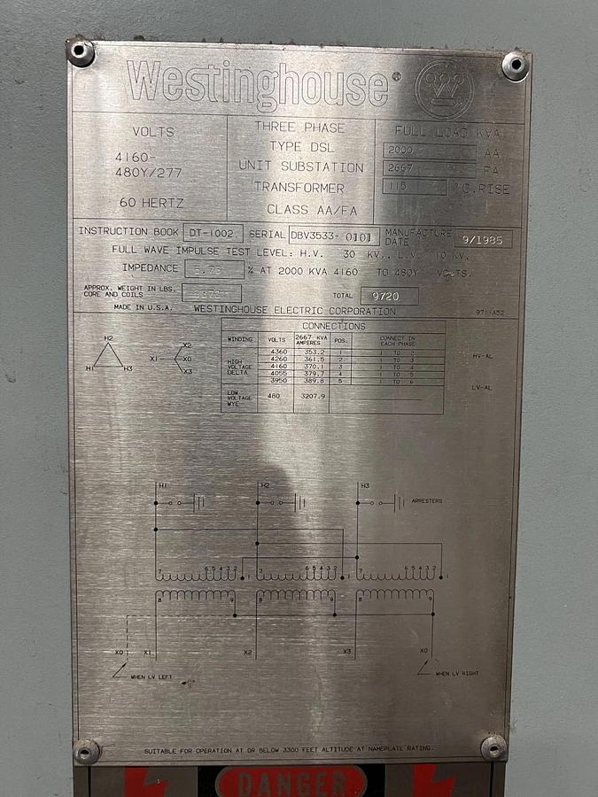 Used WESTINGHOUSE CAST COIL DRY TYPE TRANSFORMER 2000/2667 KVA 4160 DELTA / 480Y/277