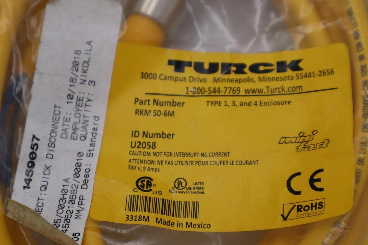 TURCK RKM 50-6M CABLE CORDSET STOCK H1539