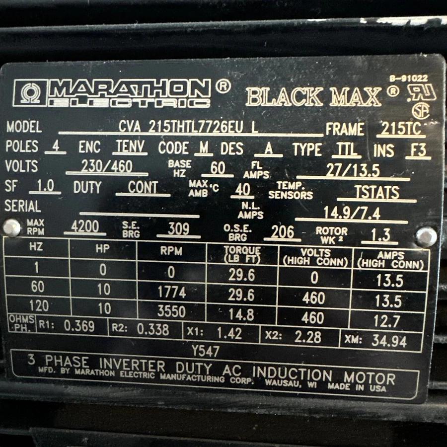 Used Marathon Motor CVA 215THTL7726EU L Inverter Duty AC Induction Motor 10 HP #HP122