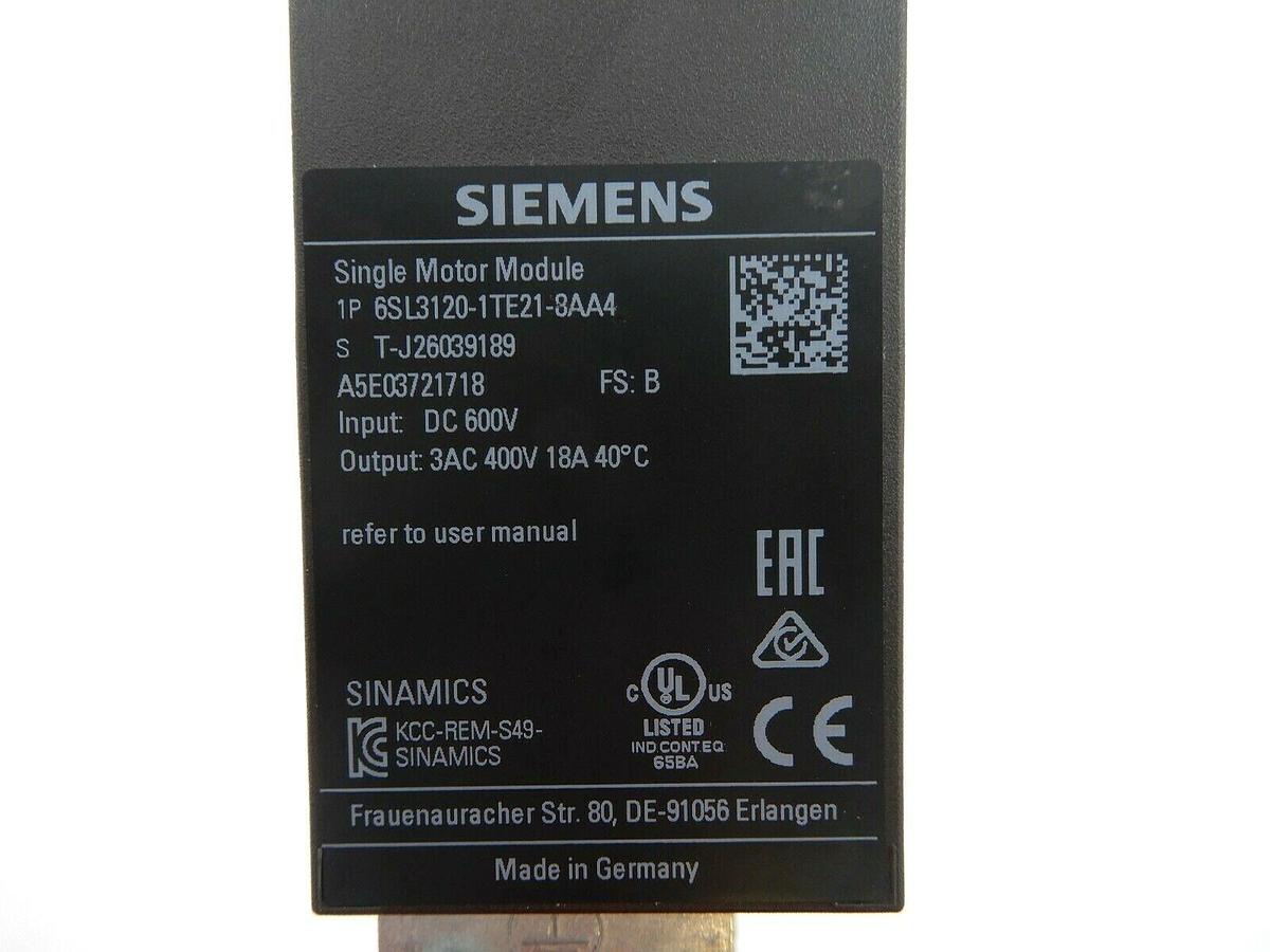 Used SIEMENS SINAMICS 6SL31201TE218AA4 SINGLE MOTOR MODULE STOCK 694