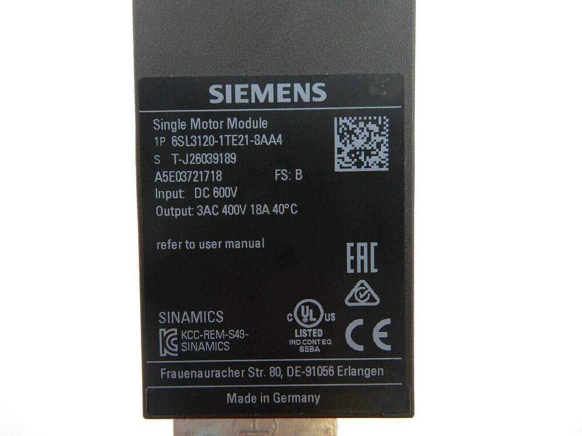 SIEMENS SINAMICS 6SL31201TE218AA4 SINGLE MOTOR MODULE STOCK 694
