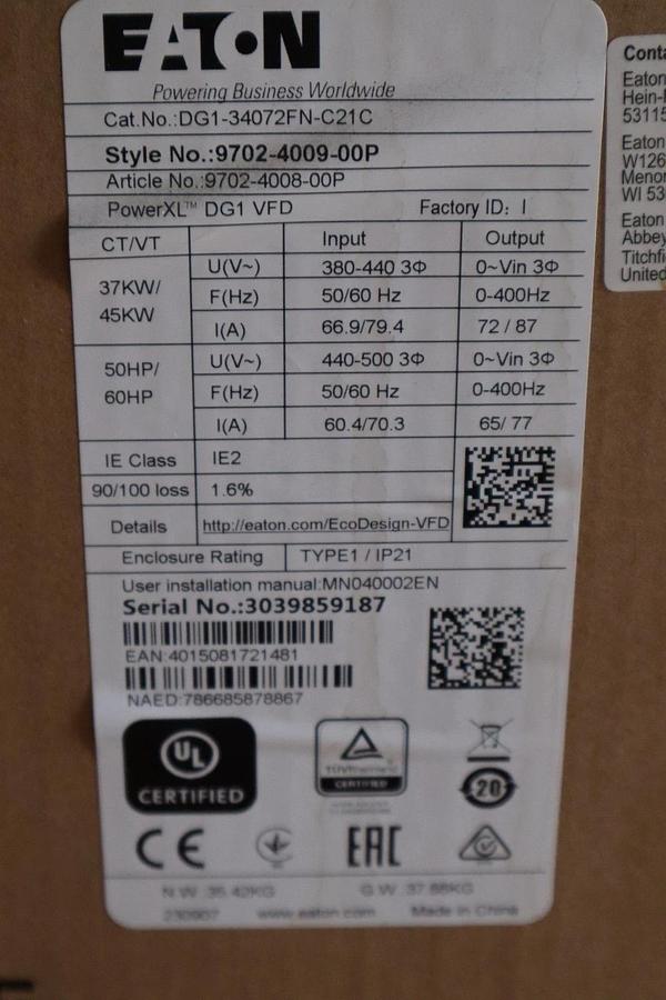 Used EATON POWERXL DG1 AC Drive 50/60HP DG1-34072FN-C21C 9702-4009-00P STOCK 4914A