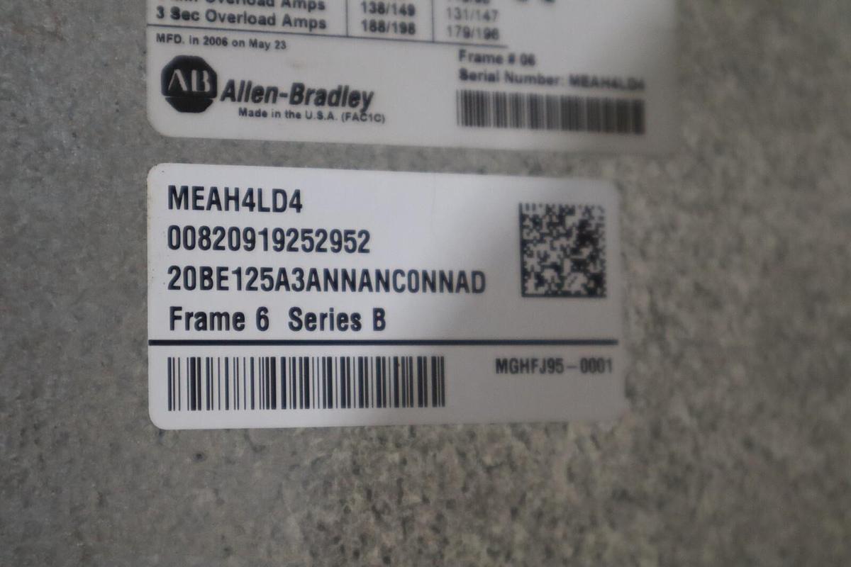 Used 125 HP ALLEN BADLEY 20be125a3annanc0nnad POWERFLEX 700 DRIVE STOCK S-604