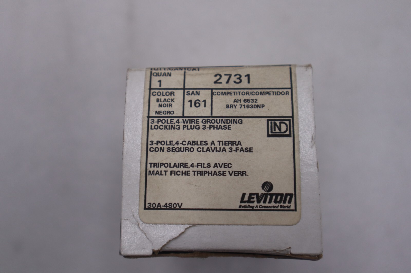 Used New OPEN BOX Leviton 2731 Locking Grounding Plug 20A 480V 3P 4W STOCK K-3371