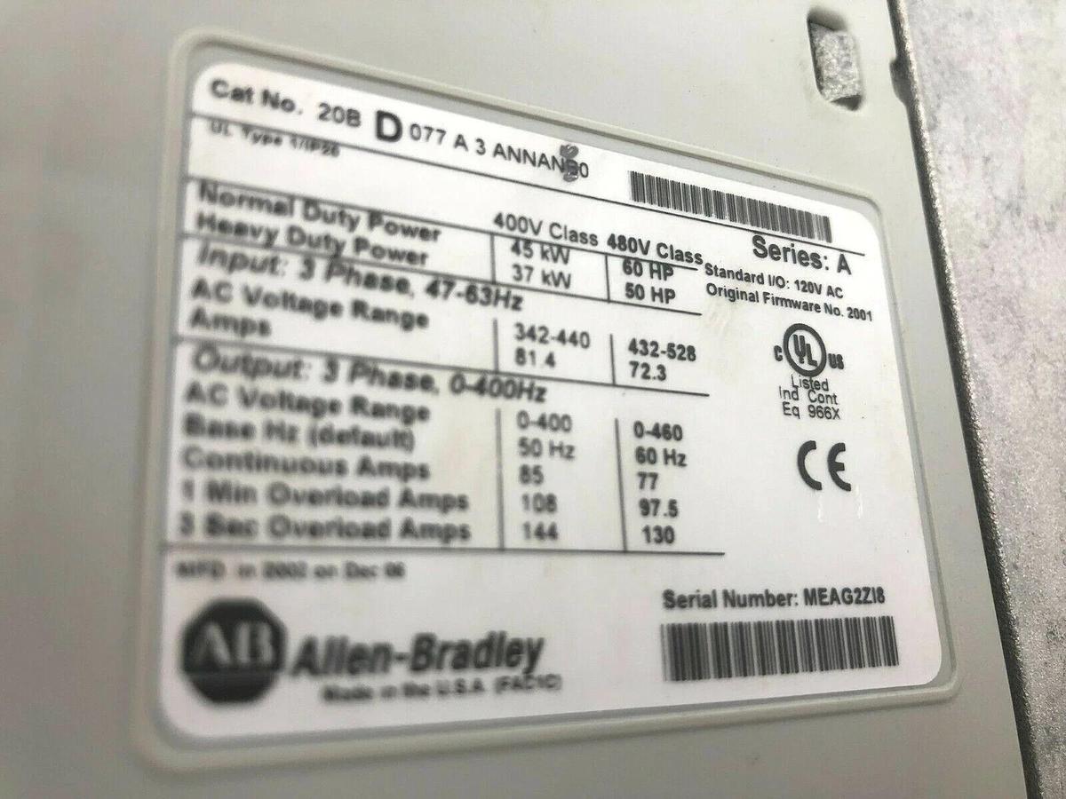 Used ALLEN BRADLEY POWERFLEX 700 20BD077A3ANNANB0 / 20BD077A0ANNANB0 60 HP STOCK 1023