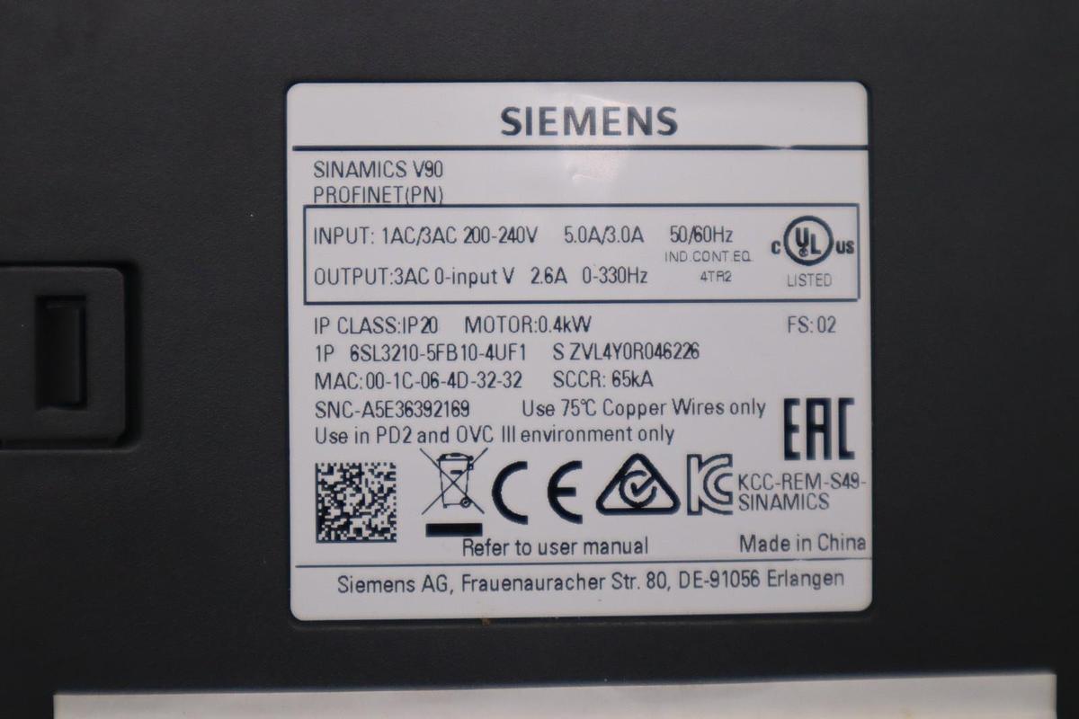 Used SIEMENS 6SL3210-5FB10-4UF1 SINAMICS V90 PROFINET SERVO DRIVE - STOCK H818C