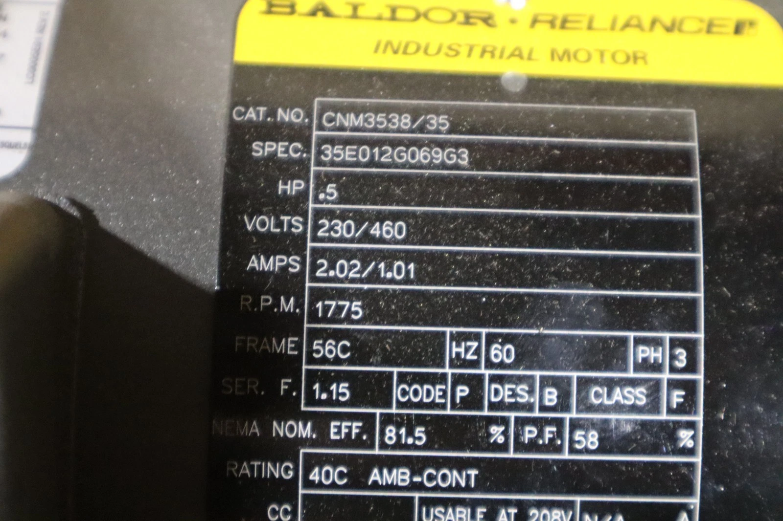 Used Baldor CNM3538/35 Industrial  Motor .5 HP 230/460 V 1770 RPM 3 PH - STOCK SGF66