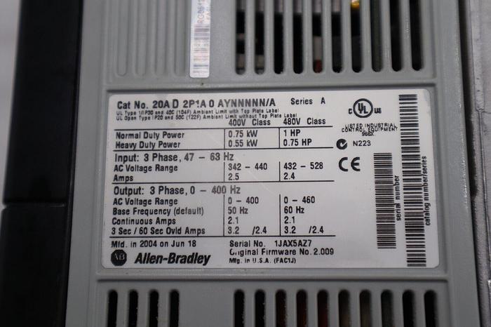 Used ALLEN BRADLEY 20AD2P1A0AYNNNNN POWERFLEX 70 SER A 480V 1 HP STOCK L-370