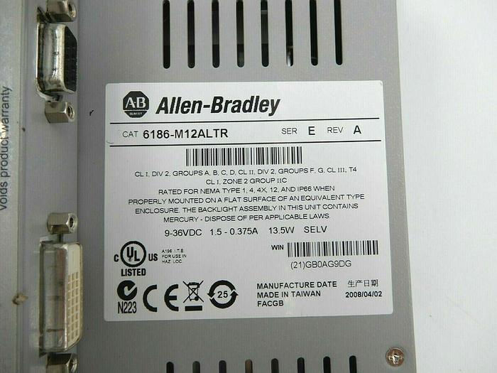 Used ALLEN BRADLEY HMI 6186M12ALTR SERIES E REV A 1200M VERSAVIEW STOCK 602