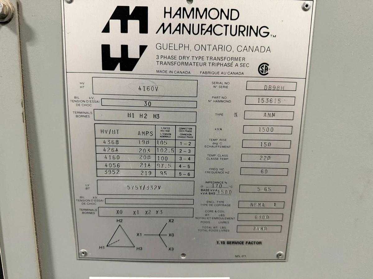 Used Hammond Power 1500 KVA DRY TYPE TRANSFORMER 4160 HV 575Y/332V LV WITH GE-AKD-8