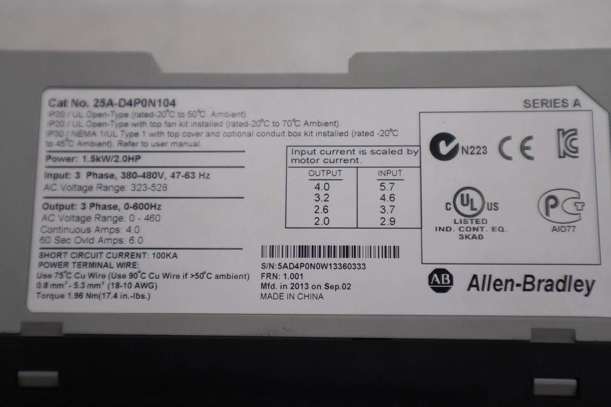 Used ALLEN BRADLEY 25A-D4P0N104 POWERFLEX 523 1.5kW/2.0HP SER A STOCK #1891