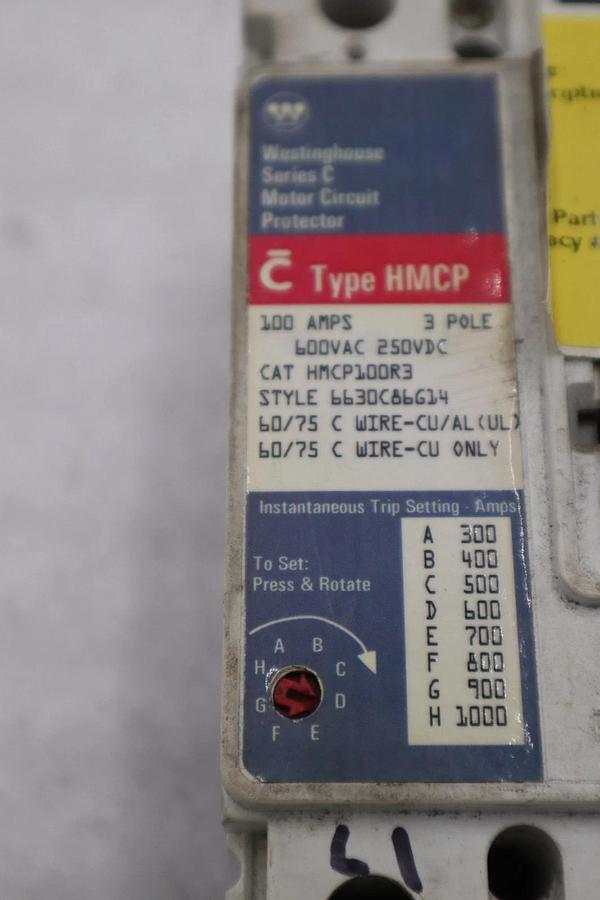 Used Westinghouse HMCP100R3 Motor Circuit Protector 3 Pole STK CC225