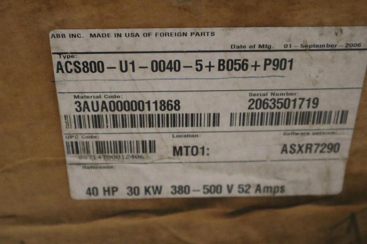 Used 40 HP ABB ACS800-U1-0040-5+B056+P901/ ACS800U100405+B056+P901 DRIVE NEW #CC-24