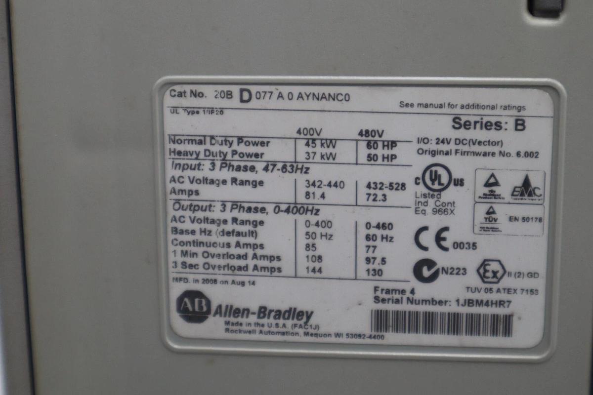Used ALLEN BRADLEY 20BD077A0AYNANC0 AC DRIVE POWERFLEX 700 480V AC 60 HZ 60 HP #2108C