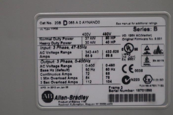 Used ALLEN BRADLEY 20BD065A0AYNAND0 50 HP 480V POWERFLEX 700 VFD DRIVE STOCK 2984-C