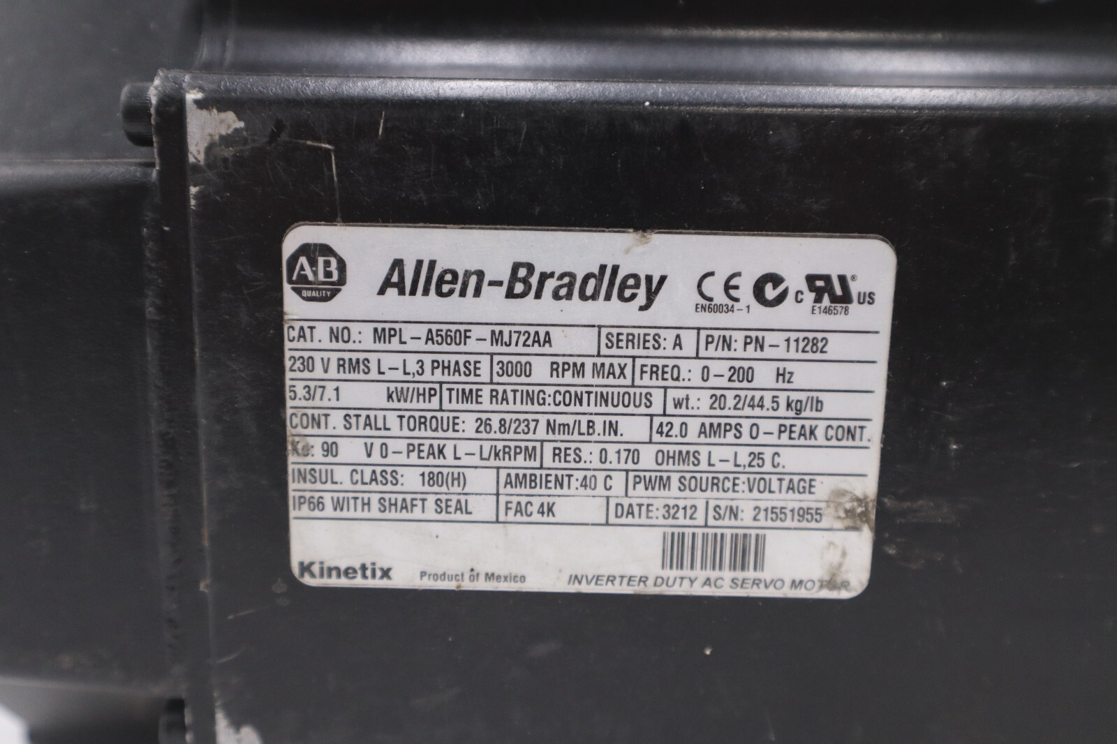 Used MPL-A560F-MJ72AA ALLEN BRADLEY KINETIX SERVO MOTOR REFURBISHED STOCK 620D