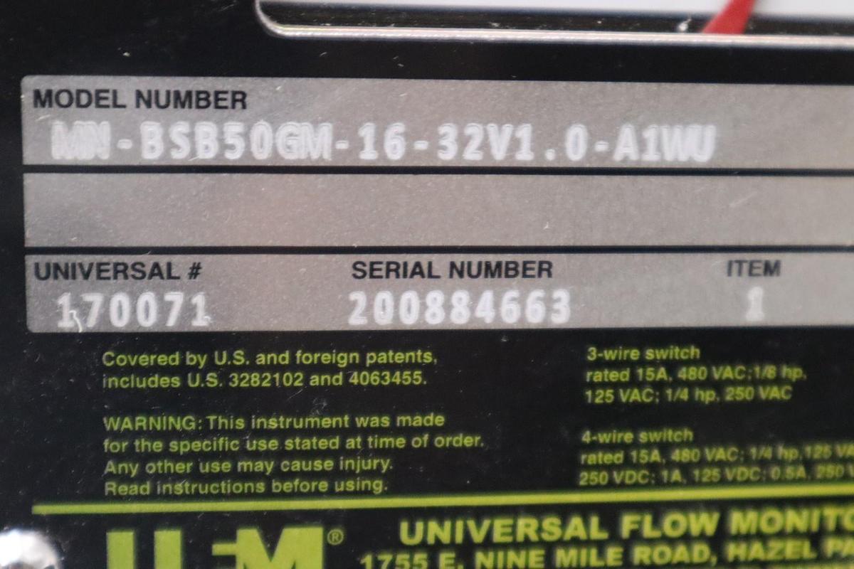 Used UNIVERSAL FLOW MONITORS MN-BSB50GM-16-32V1.0-A1WU FLOW METER - STOCK 3395B