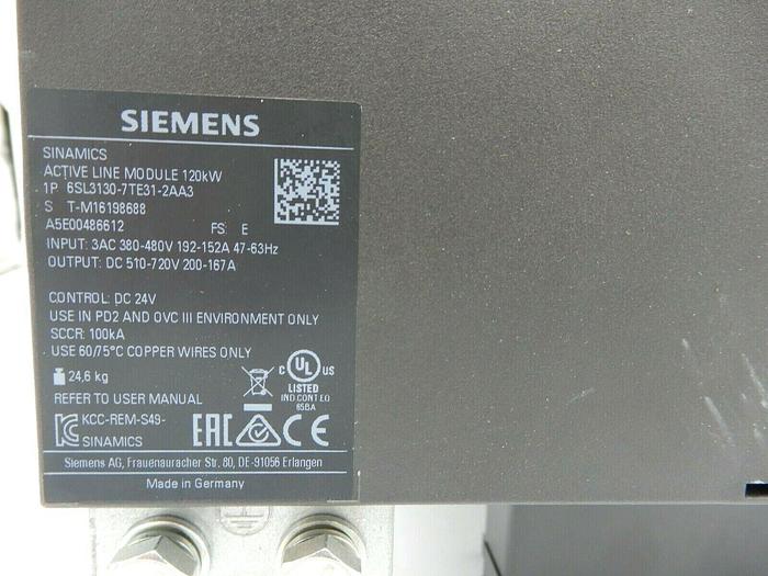 Used SIEMENS SINAMICS 6SL3130-7TE31-2AA3 ACTIVE LINE MODULE 120kW 2019 STOCK 706