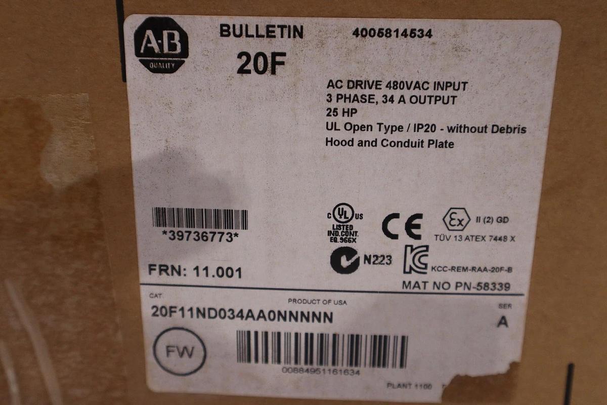 Used ALLEN BRADLEY 20F11ND034AA0NNNNN AC DRIVE AIR COOLED POWERFLEX 753 - STK GF1099