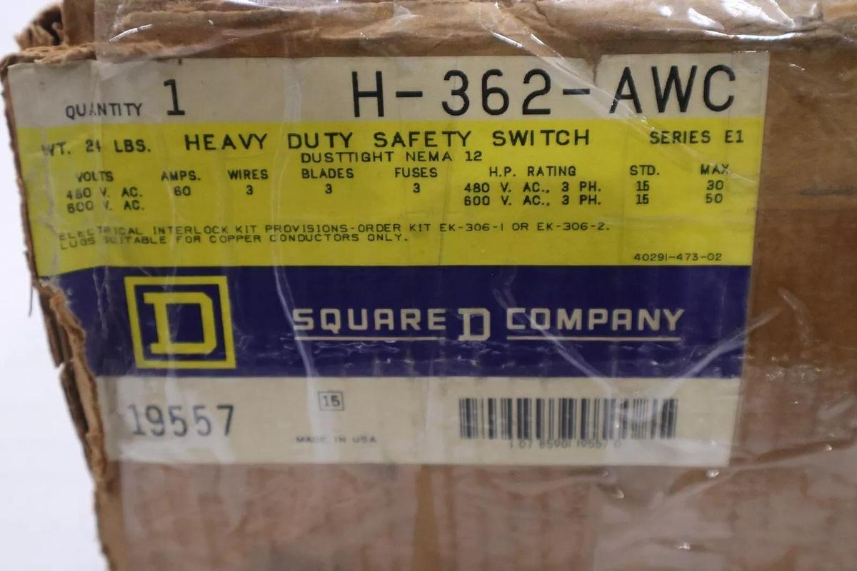 Used SQUARE D H-362-AWC HEAVY DUTY SAFETY SWITCH SERIES E1 DUSTTIGHT NEMA 12 STK 5456