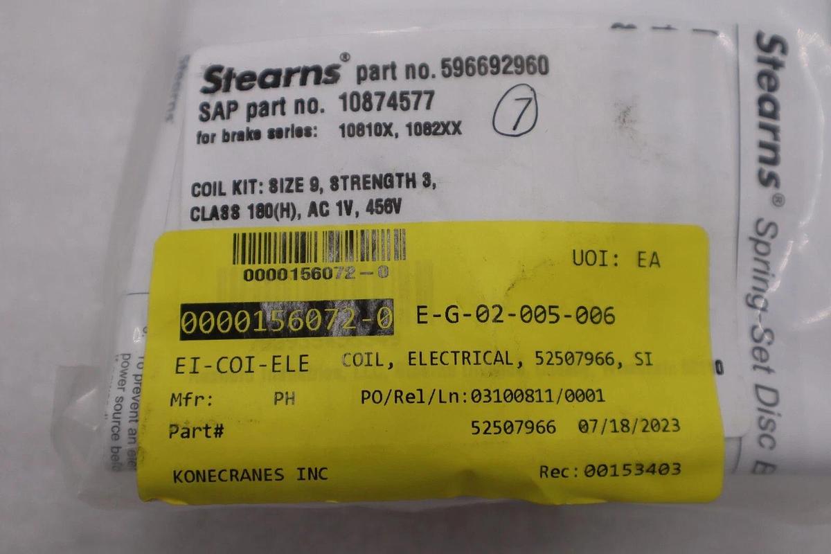 NEW STEARNS 596692960 COIL KIT BRAKE NO. 9 460V 50/60HZ STOCK G356A