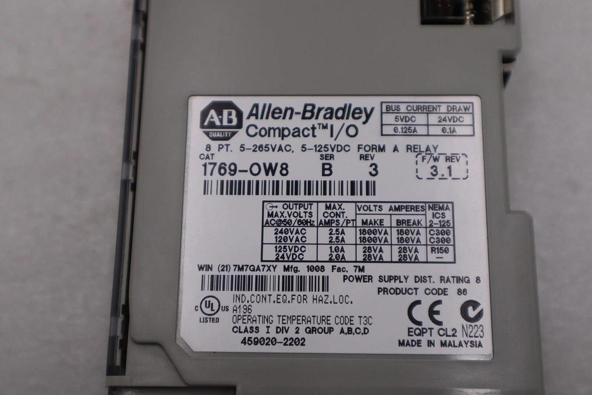Used Allen Bradley 1769-OW8 Ser B CompactLogix 8-Channel VAC/VDC Relay Output Module