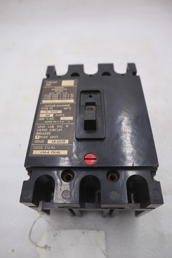 Used CUTLER HAMMER FC3040 FC 3P 600V 40 AMP CIRCUIT BREAKER STOCK #K-3723