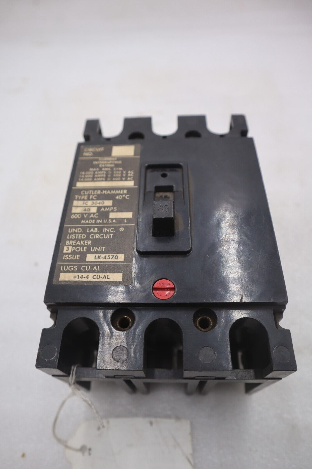 Used CUTLER HAMMER FC3040 FC 3P 600V 40 AMP CIRCUIT BREAKER STOCK #K-3723
