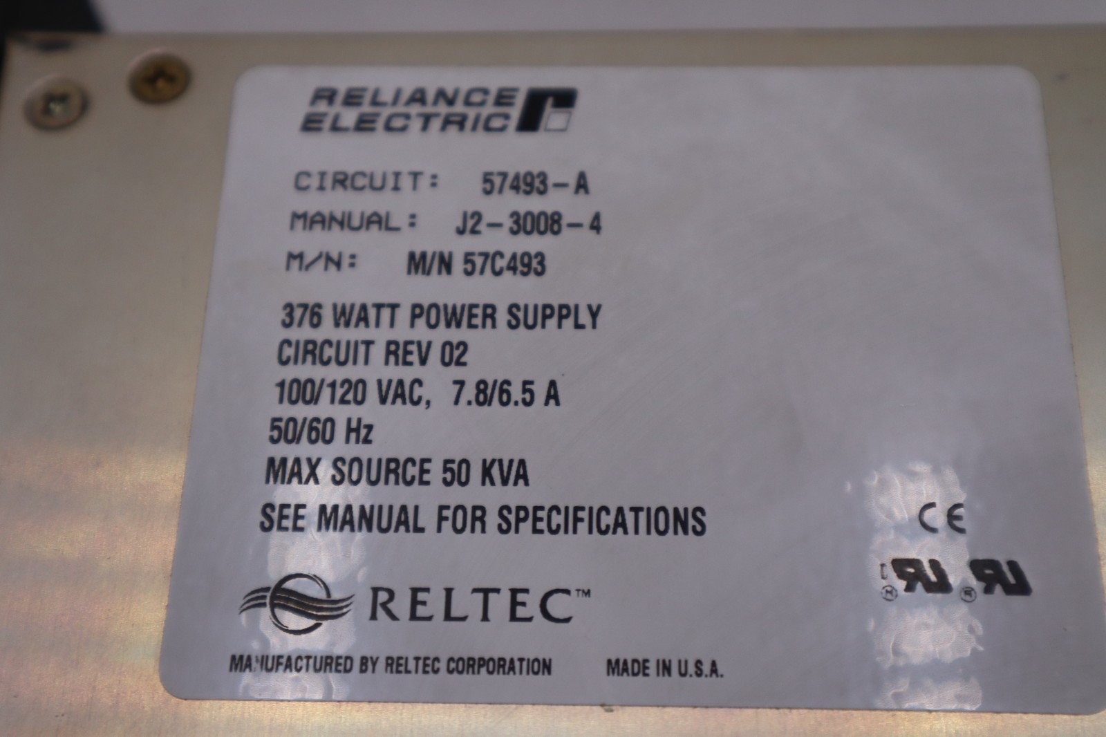 Used RELIANCE ELECTRIC 57493A 57C493 100/120VAC 7.8/6.5A - STOCK 2703A