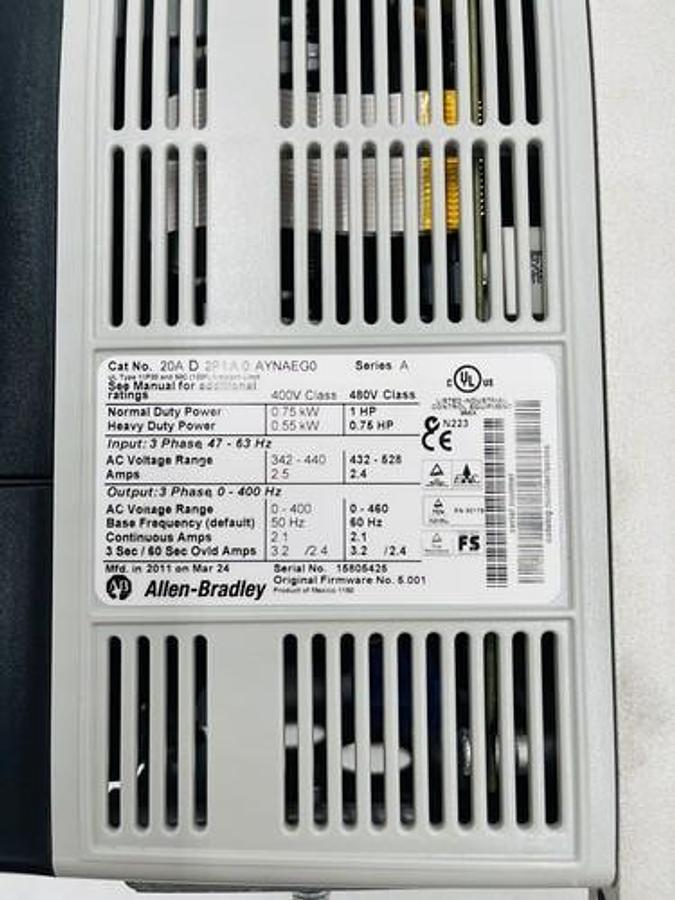 Used ALLEN BRADLEY 20AD2P1A0AYNAEG0 POWERFLEX 70 ADJUSTABLE FREQUENCY AC DRIVE #2249