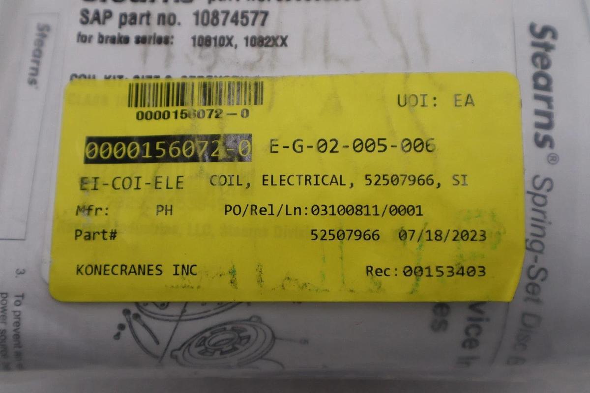Used NEW STEARNS 596692960 COIL KIT BRAKE NO. 9 460V 50/60HZ STOCK G544A