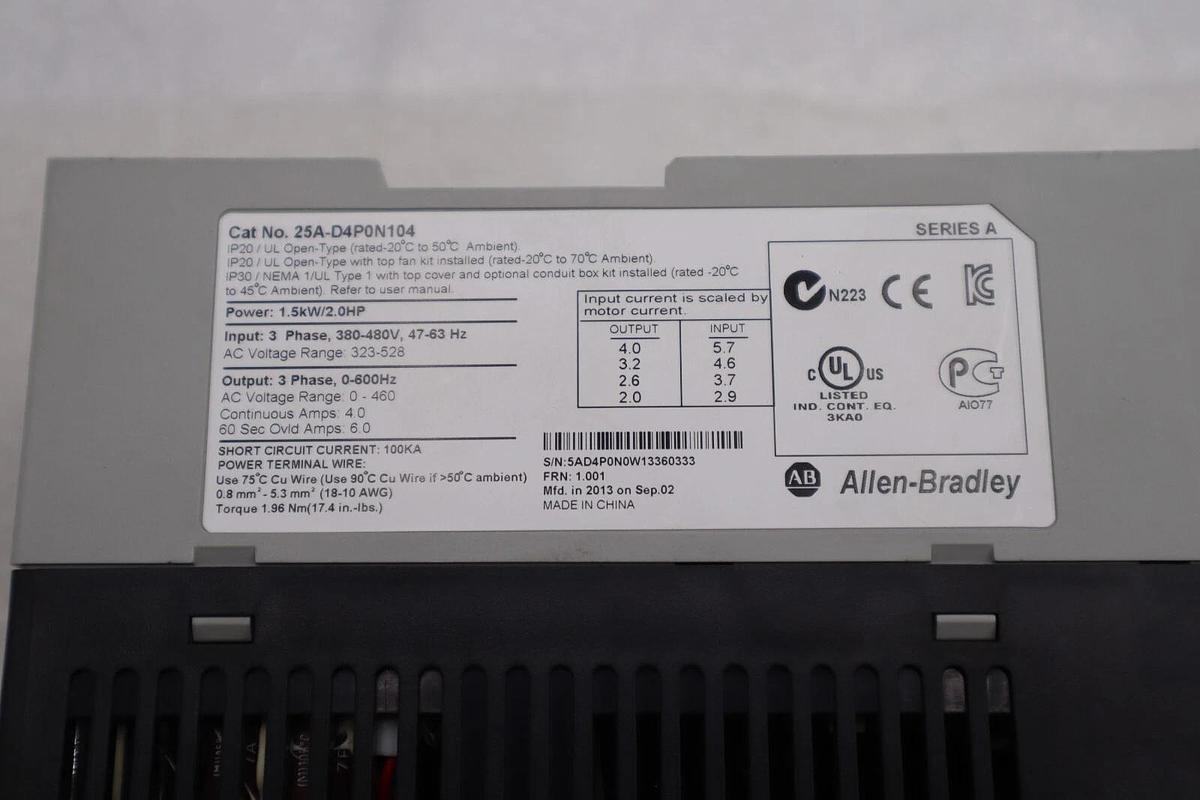 Used ALLEN BRADLEY 25A-D4P0N104 POWERFLEX 523 1.5kW/2.0HP SER A STOCK #1891