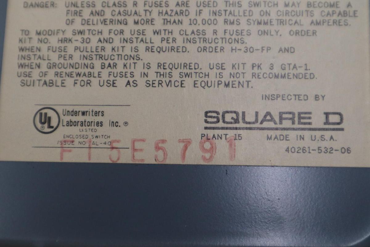 Used Square D H321N Heavy Duty Safety Switch 30A 3 Pole Fusible UNIT STOCK 4911-A