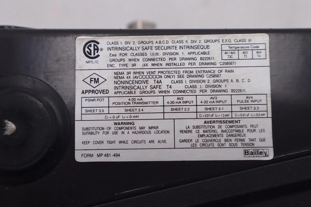 Used Bailey AV232001 I/P Positioner Pneumatic 150 psi max CSQ STOCK 2468